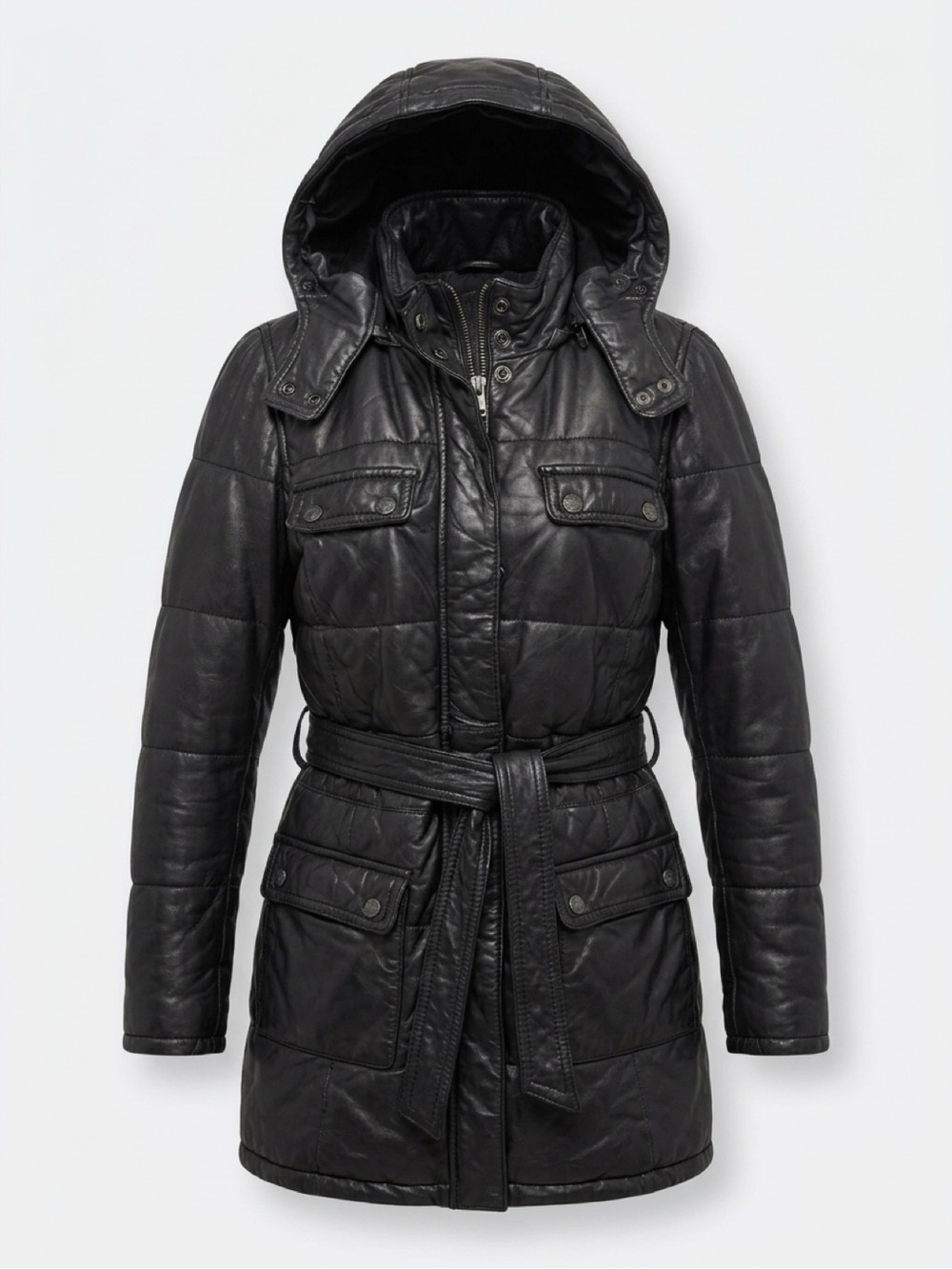 Women's Black Hooded Quilted Belted Puffer Coat